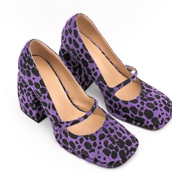 LEOPARD PRINT FAUX FUR CHUNKY PUMPS - Picture 1 of 4